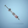 Realistic syringe with drop red blood liquid on light background, iron syringe, vector illustration Royalty Free Stock Photo