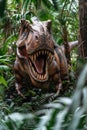 Realistic T-Rex in junglelike setting with mouth open and sharp teeth visible. Royalty Free Stock Photo