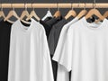 Realistic t-shirt mockup, Blank black and white t-shirt on a hanger, Clear plain apparel cotton t-shirt mockup