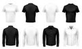 Realistic t-shirt and shirt mockup. Formal male uniform, black wearing and white shirts. Realistic 3D clothes vector template set