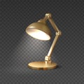 Realistic table lamp. 3D light furniture. Electric illuminated equipment for interior design. Isolated golden luminaire