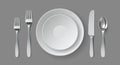 Realistic table serving. Round dining plate with forks, knife and spoon. Restaurant empty dish and cutlery close up top