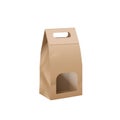 Realistic takeaway food bag with window and handle. Blank brown craft 3d carry package
