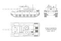 Realistic tank blueprint. Outline armored car on white background. Top, side, front views. War camouflage transport