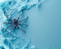 Realistic Tarantula Spider on Blue Background with White Web Patterns for Halloween Themes or Arachnology Studies