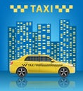 Realistic Taxi car with blue city background. City taxi banner. Vector illustration Royalty Free Stock Photo