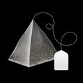 Realistic tea bag. Pyramid sachet with blank paper label, disposable beverage infuser bag, black or green dry leaves, element for Royalty Free Stock Photo