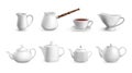 Realistic tea crockery. White porcelain tableware. Ceramic utensil for coffee cooking. Various teapots and cup with Royalty Free Stock Photo