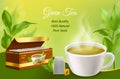 Realistic tea. 3d white porcelain cup with morning herbal hot drink, cardboard box with tea bags, green realistic leaves Royalty Free Stock Photo