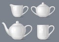 Realistic tea set. Utensils for tea relax time pot tea cup bowl for sugar and kettle decent vector template Royalty Free Stock Photo