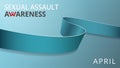 Realistic teal ribbon. Awareness sexual assault month poster. Vector illustration. World sexual assault day solidarity