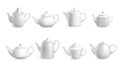 Realistic teapots. White porcelain dishes with cups and nose for tea ceremony. Utensil for morning drink. Ceramic