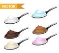 Realistic teaspoon with cream, yogurt, chocolate, caramel set. 3d tablespoon or spoon dessert collection. Isolated on
