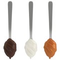 Realistic teaspoon with cream, yogurt, chocolate, caramel set