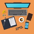 Realistic technology workplace organization. Top view of color work desk with laptop Royalty Free Stock Photo