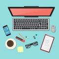 Realistic technology workplace organization. Top view of color work desk with laptop, smartphone, tablet pc, diary Royalty Free Stock Photo