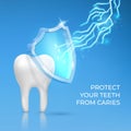 Realistic teeth with shield. Strong dental tooth, caries safeguard, spark lighting care, dentist clean. Toothpaste