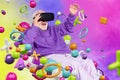 Realistic template collage of aged grandfather modern play virtual simulation game enjoy metaverse with plus bubble