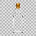 Realistic template empty beautiful glass whiskey bottle with cap.