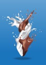 Realistic template for milk chocolate packaging. Milk cacao isolated splash swirl mix. Milk drops.