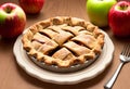 Realistic and tempting apple pie on a wooden table with fresh apples.