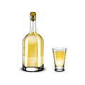 Tequila Bottle And Glass Shot With Golden Alcohol Royalty Free Stock Photo