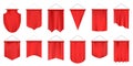 Realistic textile pennants. Empty 3d flags, red fabric hanging pennant, advertising or royal award mockups isolated