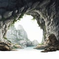 Realistic Thai Art: Serene Cave Illustration With Arched Doorways And Flowing Water