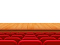 Realistic theater wooden stage or floor with rows of red seats, back view. Empty seats in the cinema hall, cinema