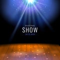 Realistic theater wooden stage or floor with spotlight Vector festive template with lights and scene. Poster design for Royalty Free Stock Photo