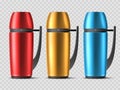 Realistic thermos. Different colors 3d hiking flasks with plastic handles, travelling tea, coffee bottles, hot drinks