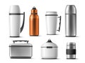 Realistic thermos. Isolated 3d thermo mugs, bottles and food box, plastic and metallic flasks, long lasting warm drinks Royalty Free Stock Photo