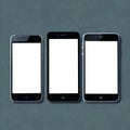 Realistic three smartphone devices blank screen mockup on red background. Mobile phone template. Space for text. Generative Ai