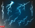 Realistic blue thunderstorm lightnings vector set Royalty Free Stock Photo