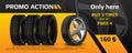 Realistic tire banner. Car wheel repair and auto rubber advertising flyer, automobile information brochure with tyre