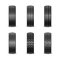 Realistic tires with different tread marks Auto black rubber tyre, illustration of car tyre for wheel on white