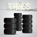 Realistic tires with neon sign, vector