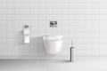 Realistic toilet. Bathroom ceramic tile, wc room wall, small seat, hung bowl, clean flush, 3d white paper, home or