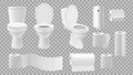 Realistic toilet bowl. Restroom accessories isolated on transparent background. Paper rolls and and air freshener vector