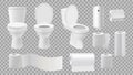 Realistic toilet bowl. Restroom accessories isolated on transparent background. Paper rolls and and air freshener vector set