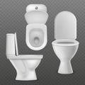 Realistic toilet bowl. White toilet basin, clean lavatory bathroom ceramic bowls group top, side and front view. Toilet Royalty Free Stock Photo