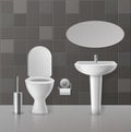 Realistic toilet interior. White toilets mockup and ceramics sanitary objects, bowl sink with faucet. Wc seat and mirror Royalty Free Stock Photo