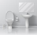 Realistic toilet. Modern 3D bathroom interior with white ceramic wall floor sink toilet bowl paper and brush. Vector