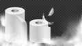 Realistic toilet paper. Soft white papers or cloth rolls with feathers banner. Hygiene, kitchen or bathroom equipment