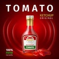 Realistic tomato sauce packing poster. 3D bottle with ketchup. Advertisement banner design. Liquid vegetable dressing