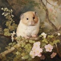 Realistic Tonalism Painting: Hamster In Flower Branch