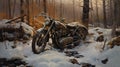 Realistic Tonalist Landscape Old Motorcycle In Snow Royalty Free Stock Photo