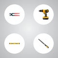 Realistic Tongs, Plumb Ruler, Sharpener And Other Vector Elements. Set Of Instruments Realistic Symbols Also Includes