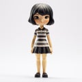 Realistic Toon Figure Doll With Black Hair And Striped Dress