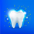 Realistic Tooth 3D, illustration for dehealthntistry. Oral care, caries protection. Shiny vector tooth on a blue